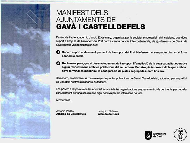 Manifiesto de los Ayuntamientos de Gavà y Castelldefels publicado en el diario LA VANGUARDIA (22 de marzo de 2007)